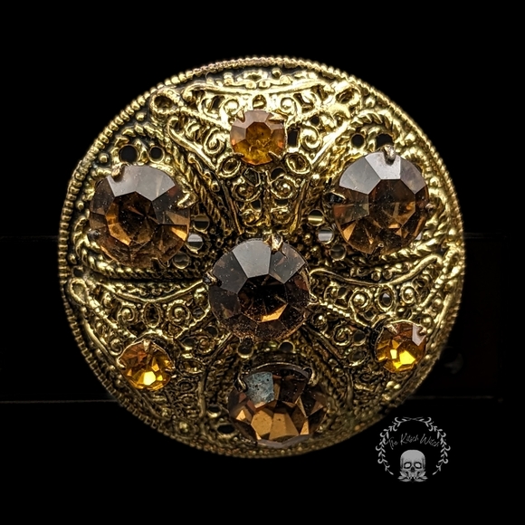 Vintage Jewelry - VINTAGE CZECH Domed Brooch with Filigree Metal and Glass Amber Toned Stones